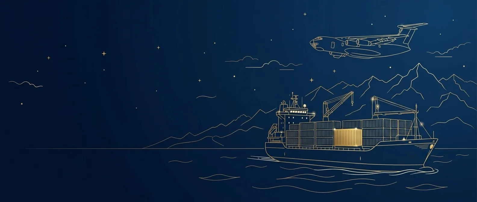 Ilustración de un avión y un barco de carga rumbo a los Andes de Ecuador